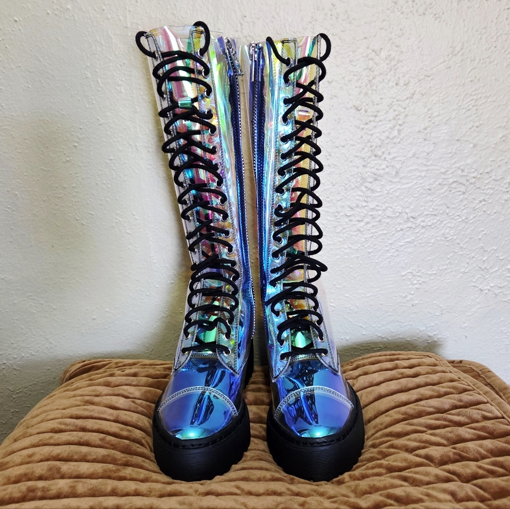 Dolls Kill Iridescent Lace-Up Knee-High Boots - NWOT